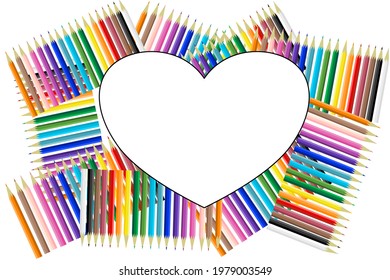 Hermoso fondo educativo lápices de colores blancos y corazón blanco. Ilustración vectorial.