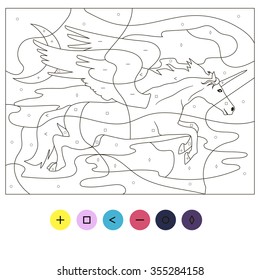 Beautiful Educational coloring puzzle with flying unicorn pegasus for girls preschool children