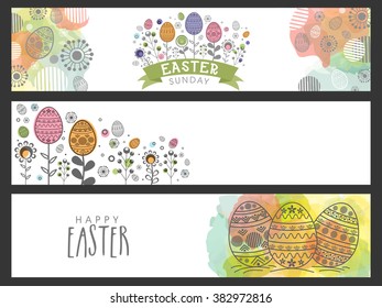 Beautiful eggs decorated website header or banner set for Happy Easter celebration.