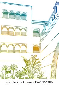 Beautiful Egypt landscape with palm trees. Hand drawn line ink sketch. Colourful. Line art. Seaside holiday. Illustration on white.