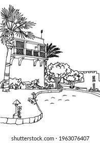 Schöne ägyptische Landschaft mit Palmen. Handgezeichnete Farbskizze. Urlaub am Meer. Illustration auf Weiß.