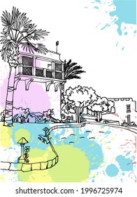 Hermoso paisaje egipcio con palmeras. Esbozo de tinta de línea dibujada a mano. Vacaciones costeras. Vector blanco y negro Ilustración sobre el fondo de los blobs coloridos. Estilo moderno de postales.