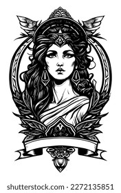 beautiful egyptian cleopatra symbol black and white hand drawn logo illustration 