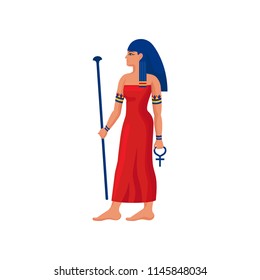 Beautiful Egyptian woman with scepter and Ankh cross. Cartoon female character with blue hair in bright red dress. Flat vector design