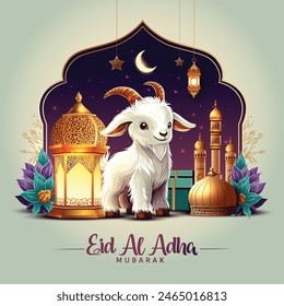 beautiful Eid al Adah art greetings with golden lantern, moon and dark Arabian culture background. abstract vector illustration design.