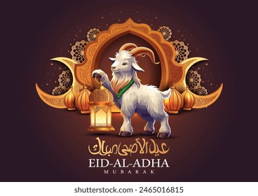 Schöne Eid al Adah Kunst Grüße. Ziege mit arabischer Laterne. Arabischer Kulturhintergrund. Abstrakte Vektorillustration Design.