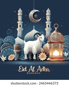 beautiful Eid al Adah art greetings with golden lantern, half moon and dark Arabian culture background. abstract vector illustration design.