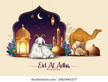 Schöne Kunstgrüße von Eid al Adah mit goldener Laterne, Halbmond und dunklem arabischen Kulturhintergrund. Abstraktes Vektorillustration-Design.