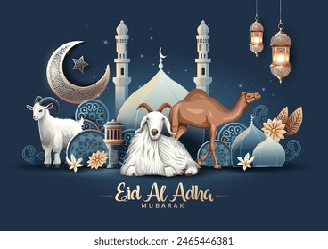 Un hermoso saludo de arte de Eid al Adah con linterna dorada, media luna y fondo de la cultura árabe oscura. diseño abstracto de la Ilustración vectorial.