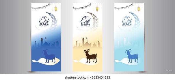 Beautiful eid al adha festival banner and poster design. Eid Al Adha greeting card gold and blue color, pattern the moon