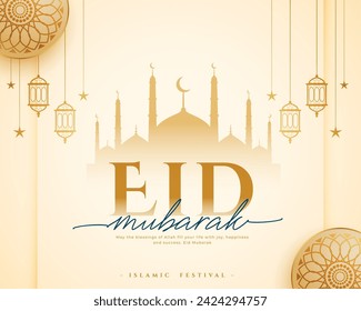 beautiful eid al fitr greeting card with islamic mosque vector (Translation of Eid Mubarak is Blessed Eid Festival)