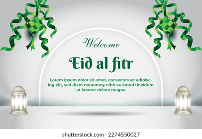 beautiful eid al fitr illustration banner with beautiful shiny islamic ornament and abstract gradient white and green background design