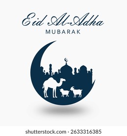 Beautiful Eid al-Adha Mubarak Vector Art with Mosque, Crescent Moon, Goat and Camel Silhouette – Festive Islamic Design for Web, Print, and Social Media Use