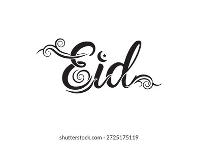 Bela caligrafia Eid em tinta preta sobre um fundo branco com intrincados redemoinhos e floreios