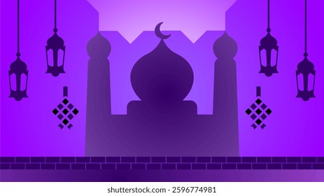 Beautiful Eid Mubarak background with ketupat lebaran and mosque