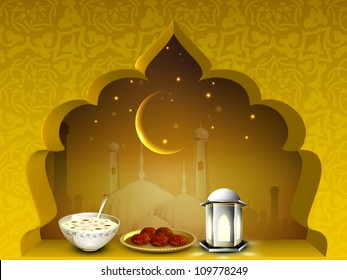 Beautiful EId Mubarak background with moon, sweets and lantern or lamp. EPS 10.