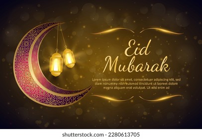 bello cartel de eid mubarak con cita y hermoso adorno islámico brillante y diseño de fondo de gradiente abstracto marrón y dorado