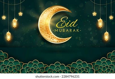 beautiful eid mubarak banner with quote and beautiful shiny golden islamic ornament and abstract gradient green and golden background design