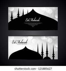 Beautiful Eid Mubarak Banner set with Nice Mosque and Gray scale Background, Eps 10