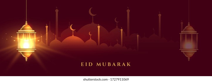 beautiful eid mubarak banner with shiny islamic lantern