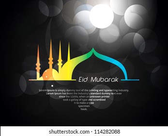 Beautiful Eid Mubarak Card Design With Nice, Colorful Mosque And Black Background, Eps 10