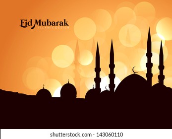 Beautiful Eid Mubarak Card Design with Nice Mosque and colorful Background, Eps 10