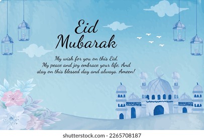 Beautiful Eid Mubarak card design with watercolor floral vector illustration