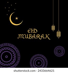 Hermoso diseño de la tarjeta de Eid Mubarak con fondo negro