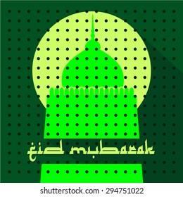 Beautiful Eid Mubarak Card Design with Mosque, Moon, and Green Gradation Background