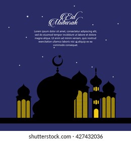 Beautiful Eid Mubarak Card Design with unique concepts, Mosque, lighting and blue Background, Eps 10