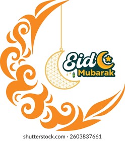 Beautiful Eid Mubarak design featuring a shining crescent moon with elegant calligraphy text. Perfect for festive greetings and celebrations.