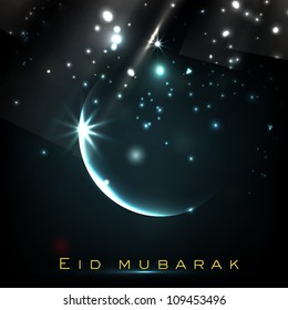 Beautiful Eid Mubarak greeting card with shiny Moon and stars. EPS 10.