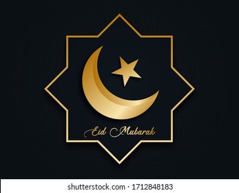 Beautiful Eid Mubarak greeting card design. the celebration of the feast in Islam. With a golden crescent and stars on a blue background and pattern.