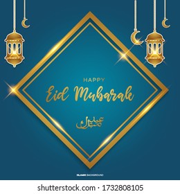 Beautiful Eid Mubarak greeting card in Arabic Calligraphy with hanging lanterns, patterns and golden crescent moon in blue background.
