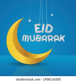 Beautiful eid mubarak greeting card with golden moon and blue background. Vector Illustration for greeting card, poster, and banner.