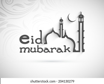 Beautiful Eid Mubarak greeting card design with stylish mosque design on floral decorated grey background.