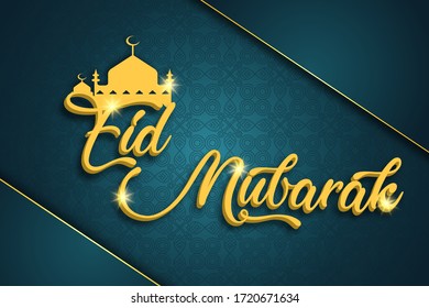 bellas tarjetas de felicitación eid mubarak. con letras doradas e ilustración de la mezquita en un fondo azul y patrón.