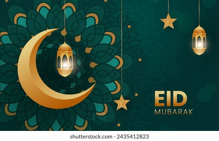 Beautiful eid mubarak illustration with lantern and crescent. eid background