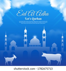 Beautiful eid mubarak islamic with mosque, goat, cloud and blue sky. Eid al adha mubarak islamic background