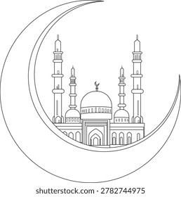 Beautiful Eid Mubarak outline illustration featuring an elegant mosque with crescent moon design in clean minimal line art style. This artistic Islamic vector-inspired artwork is perfect for Eid greeting cards, Ramadan decorations, t-shirt prints, wall art, stickers, coloring books, laser cut projects, social media posts, and other creative festive designs. Ideal for modern Islamic celebration themes with a stylish and professional look.