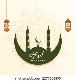 beautiful eid mubarak religious card with green mosque and moon vector 