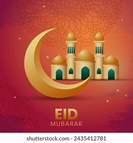 Beautiful eid mubarak traditonal illustration with golden mosque and crescent