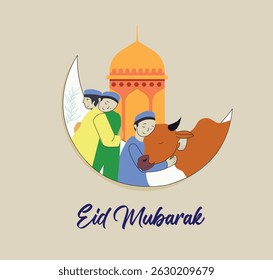 Beautiful Eid Mubarak vector illustration featuring a crescent moon with a mosque silhouette, people embracing, and a cow symbolizing the festive spirit of Eid al Adha. Eid Mubarak