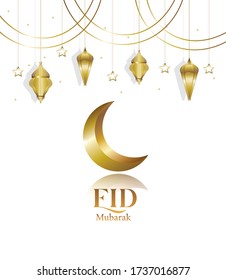 beautiful eid mubarak wallpaper with gold lantern, gold stars and gold moon on white background for islamic blessed festival