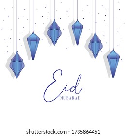 Beautiful Eid mubarak wallpaper or greeting card design with blue lantern and white background