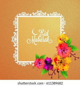 Beautiful Eid Mubark background with stylish text and colorful flowers.