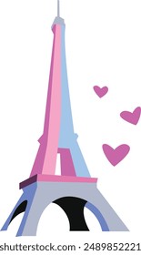 Hermosa torre Eiffel en París, icónico estilo minimalista simple. Icono de la torre con corazones, colores vibrantes. Ilustración del día de San Valentín, ciudad romántica, arte original. Juegos 2024, Símbolo