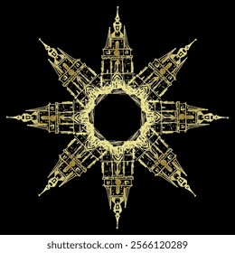 Beautiful eight point star with rays as Catholic Churches. Christmas design. Basilica of St. Wendelin, Saarland, Germany. Gothic temple in Sankt Wendel. Golden silhouette on black background.