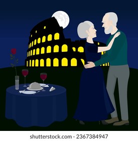 A beautiful elderly couple dances near the Coliseum under the moon. Romantic dinner, wine, rose in the vase