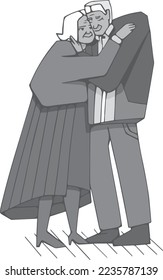 schönes älteres Ehepaar, das hellschwarz-weiß flache Illustrationen umarmt, Vektorgrafik